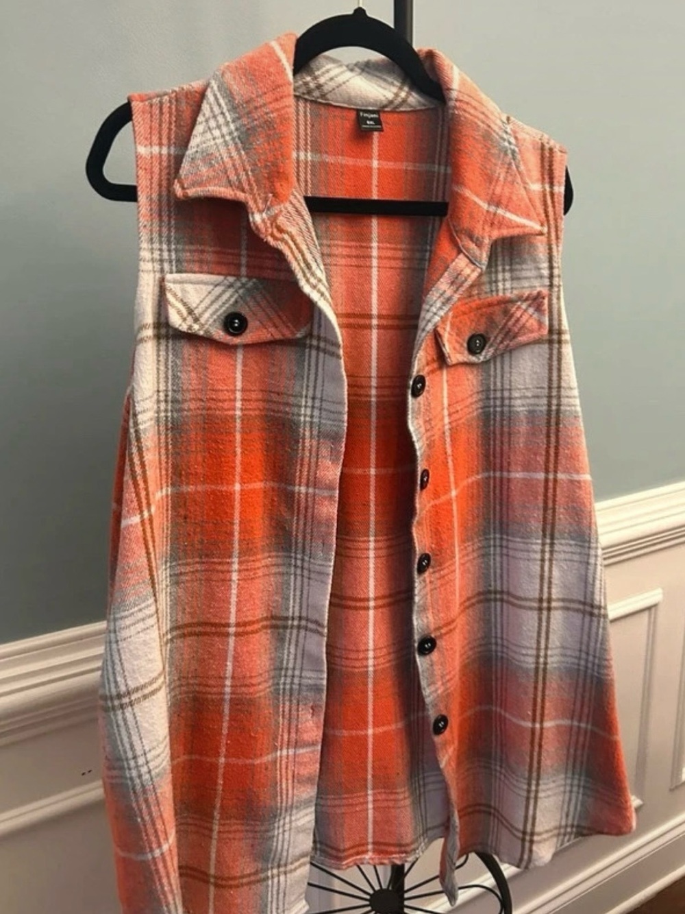 Plaid Sleeveless Button-Front Vest in Orange